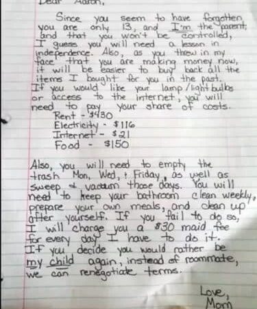 A woman leaves a letter on her son’s door and wakes him up..